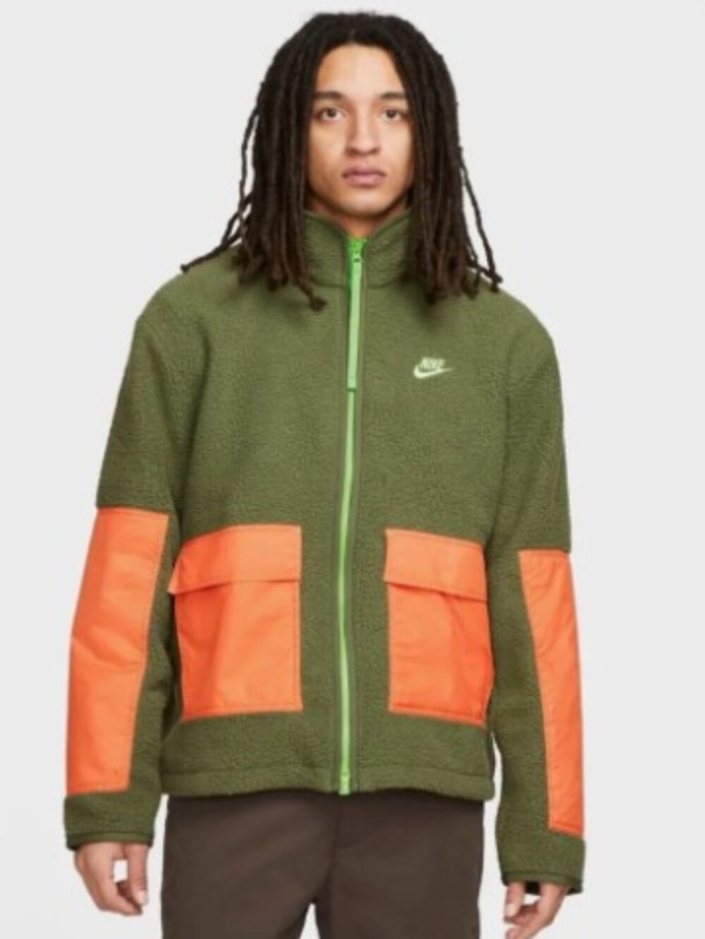 The Nike Men's Size S DD5021-326 Sherpa Fleece Full Zip Jacket in green and oran